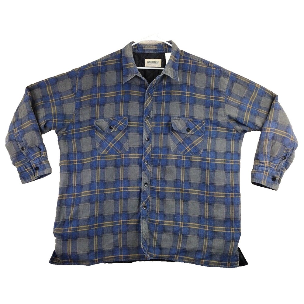 Vintage Wilderness Plaid Flannel Lined Button Up Shirt Shacket Men's Blue 4XL‎